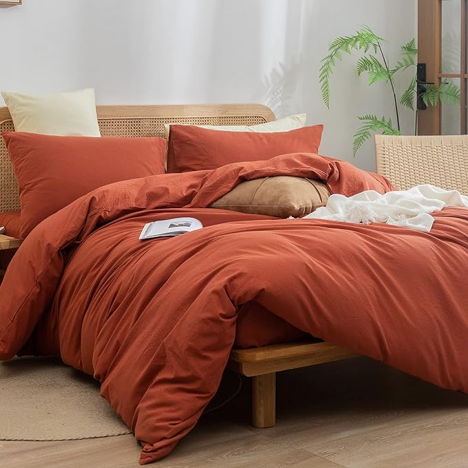 BESTOUCH Cotton Solid Duvet Cover Set Linen Feel Burnt Brick Red Queen | 100% Washed Cotton, Soft Wrinkle Texture, Hidden Zipper, 8 Ties, Breathable Lightweight Durable Comfy, 3 Pcs No Insert