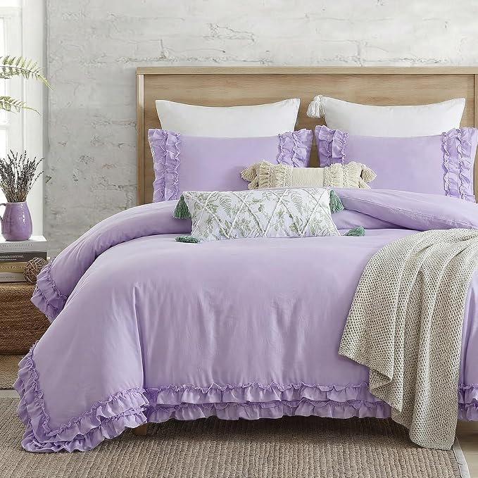Bedrom Ruffled Duvet Cover King Light Purple Bedding Set Shabby Chic Lace Ruffle Bedroom Set Lilac Purple Aesthetic Boho Duvet Cover Set for Girls Women