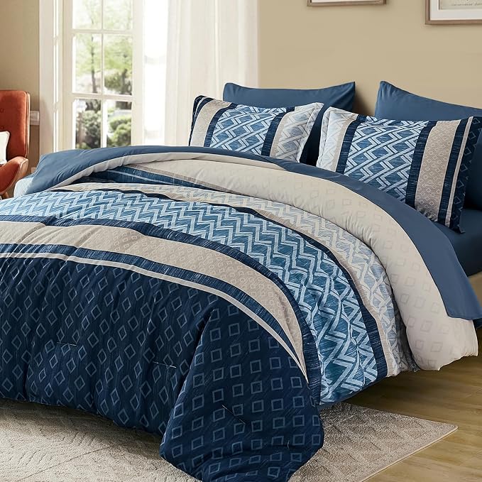 Cottolester Full Comforter Set 7 Pieces Blue Boho Striped Bed in a Bag | Plaid Comforter Set,Soft Microfiber Complete Bedding Set,All Season