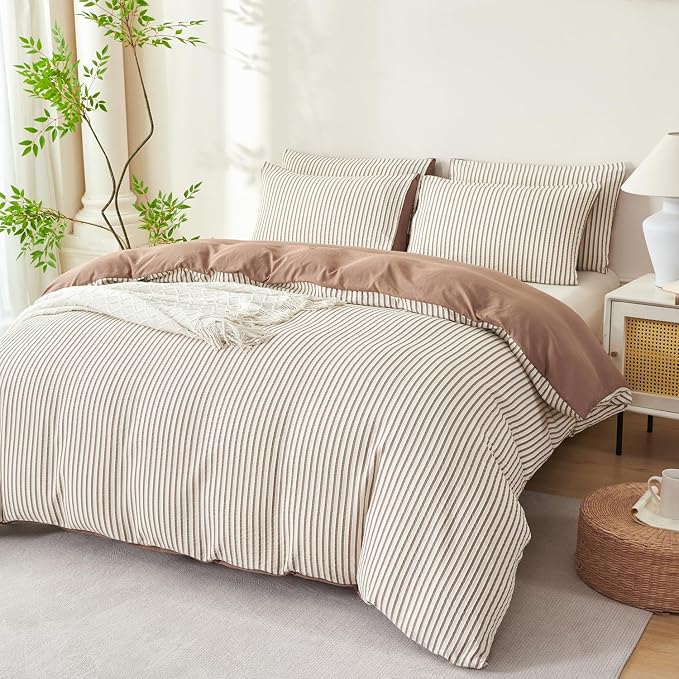 Comforter Set King Dark Brown Striped Soft Luxury Washed Microfiber Jacquard 3 Pieces Bedding, White Dark Brown Vertical Ticking Stripes Comforter with 2 Pillowcases Breathable Durable Comfy