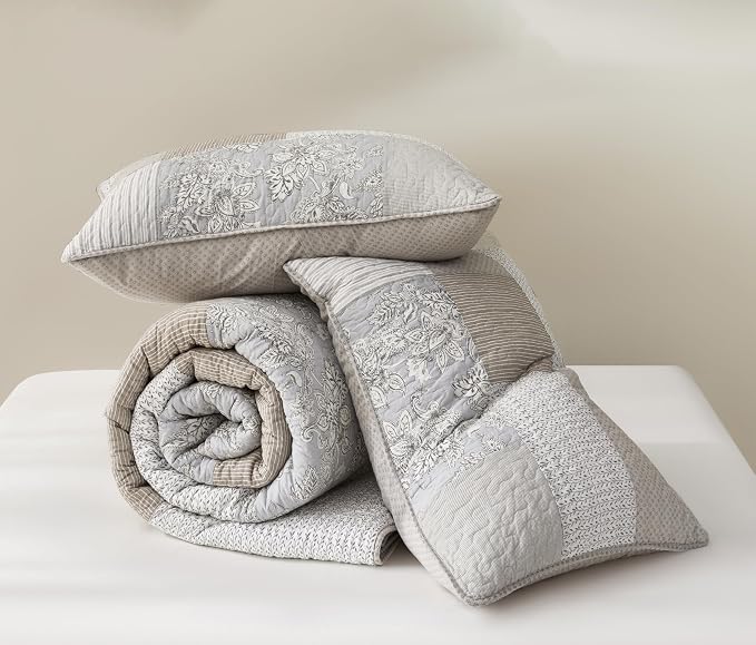 Chezmoi Collection Quinn 3-Piece Neutral Taupe Gray White Floral Hibiscus Flower Candy Stripe Patchwork Quilt Set - Pre-Washed Cotton Coverlet - Lightweight Reversible Bedspread, Super King Size