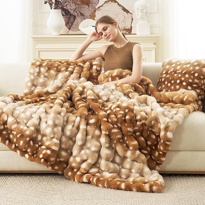 Cozy Bliss Deer Print Faux Fur Throw for Couch, Fuzzy Soft Plush Thick Bubble Blanket for Sofa Bedroom Living Room, 60x80 Inches