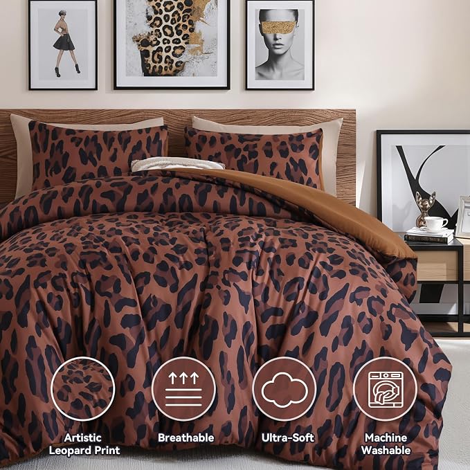 Cheetah Print Comforter Set Twin Size, Luxury Leopard Print Bedding, Brown | Soft Microfiber Animal Bedding Set with 2 Breathable Pillowcases, Faux Fur Texture, for an All-Season Comforter