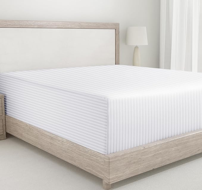 California Design Den Soft 100% Cotton Sateen Extra Long Twin Fitted Sheet | 400 Thread Count Backed by Good Housekeeping Seal, All-Around Elastic, No-Pop Fit, Durable, OEKO-TEX - Striped White