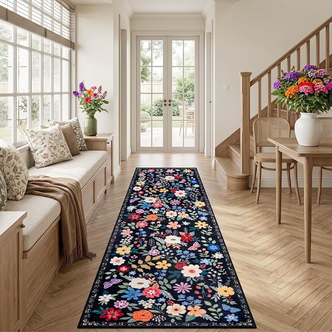 PLHXFR 3x10 Washable Runner Rug：Floral Indoor Kitchen Soft Carpet Black | For Hallway Bedroom Kitchen Laundry Bathroom Dorm,Vintage Floral,Machine washable,Non Slip,Stain Resistant,Indoor Floor