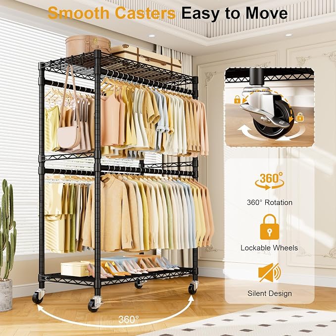 Rolling Clothes Rack, Clothing Racks for Hanging Clothes, Black | P4 Plus Heavy Duty Garment Rack with Wheels, Free Standing Portable Closet Racks 45''W × 20.5''D × 80.5''H, Max Load 570 Lbs