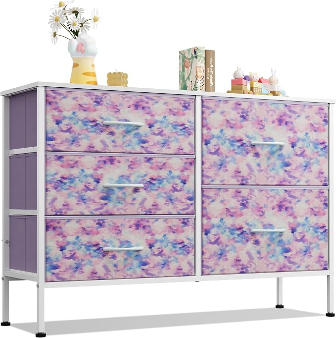 WLIVE 5 Drawer Fabric Dresser for Bedroom, Wide Storage Chest, Tie-dye | 5-drawer wide fabric dresser with steel frame, multipurpose bedroom living room hallway dorm closet storage organizer