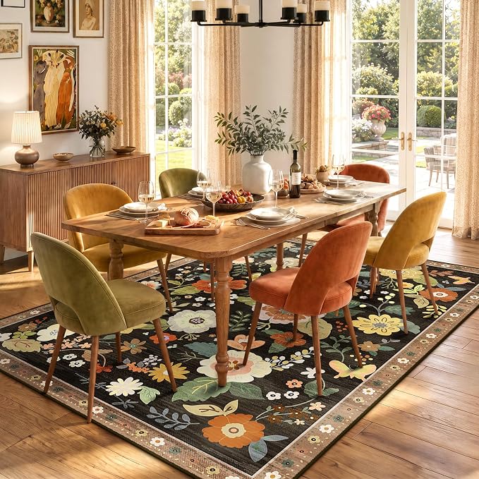 RELEANY Floral Washable 8x10 Area Rugs Black/Yellow | Flower Carpet, Print, Boho, Non-Slip, Easy to Clean, Soft, Low Pile for Living Room Bedroom Kitchen Office Entryway Hallway