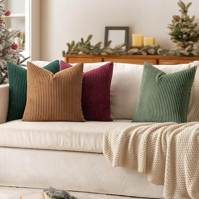 MIULEE Soft Corduroy Decorative Throw Pillow Covers Christmas Green 22x22 | Set of 4, Mordern Nordic Christmas Decor, Green Red Accent Set, Boho Farmhouse Cushion Covers for Couch Bed Sofa Living Room