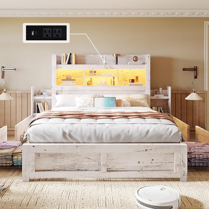 LUXOAK Queen Bed Frame with Storage, Bookcase Headboard, Distressed White | 49.6" Headboard, Wood Platform Bed, Charging Station, Bedside Storage, 4 Storage Drawers, No Box Spring Needed, Farmhouse