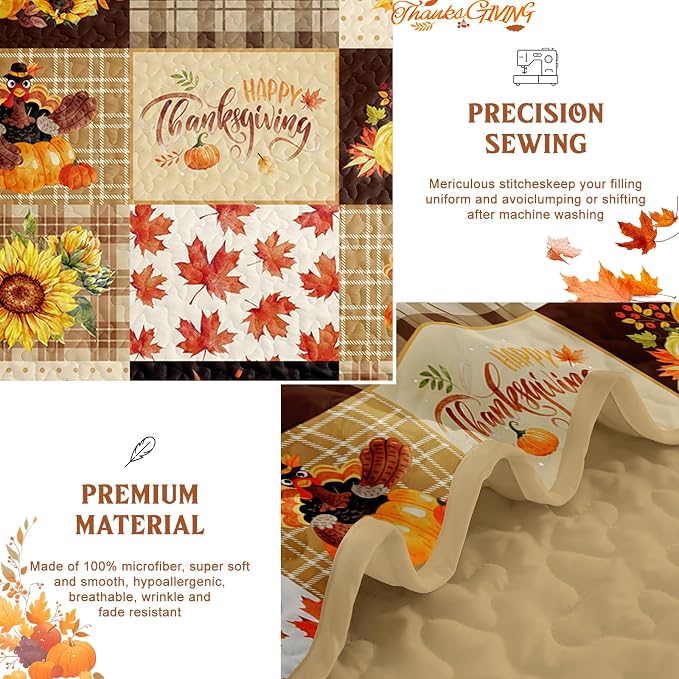 Fall Patchwork Quilt Set King, 3 Pieces Thanksgiving Bedding Set Brown | Sunflower Maple Leaves Pumpkin Pattern Bedspread, Soft Lightweight Microfiber Autumn Coverlet with 2 Pillow Shams (110"x90")
