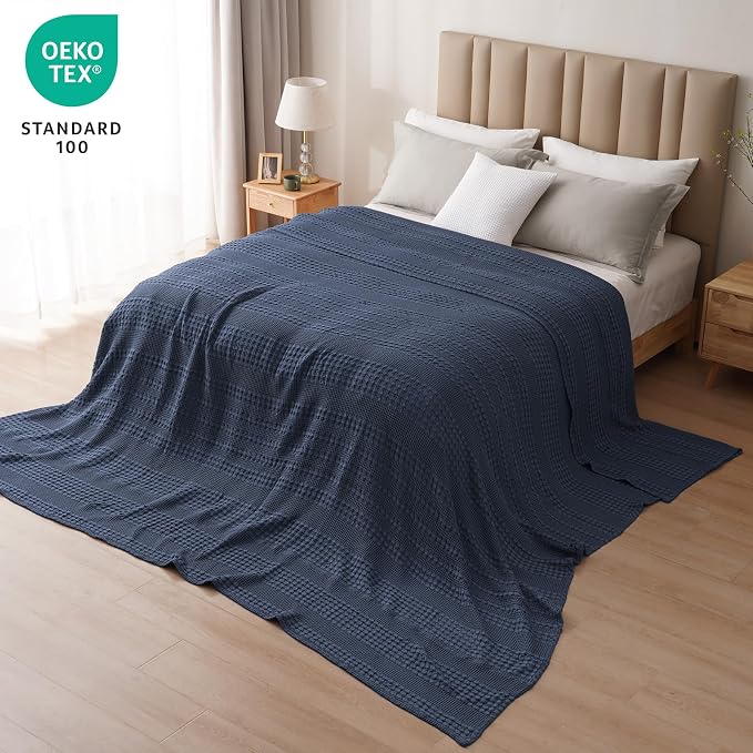 PHF Lightweight 100% Cotton Waffle Blanket, Oversized King, Indigo | Pre-Washed Soft Cotton Comfor, Extra Large 10'x10' Blanket, Giant Big Luxury Aesthetic Woven Bedding for Home Decor