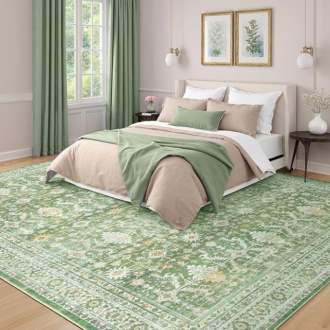 8x10 Area Rugs for Living Room, Washable Large Carpet, Light Green | Soft Rug for Bedroom, Dining Room, Home Office, Indoor, Nursery, Stain Resistant, Non-Slip, Low Pile,Vintage Distressed Rug