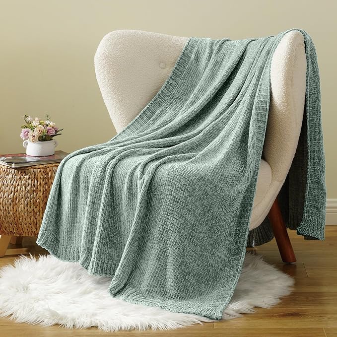 BATTILO HOME Sage Green Throw Blanket for Home Decor, Chenille Knit Throw Blanket for Couch, Sofa, Chair, Cozy Soft Blanket, 51"x67" | Shiny Chenille Blanket, Sage Knitted Blanket, Cozy Soft Spring Summer Blanket Throw, Warm & Midweight