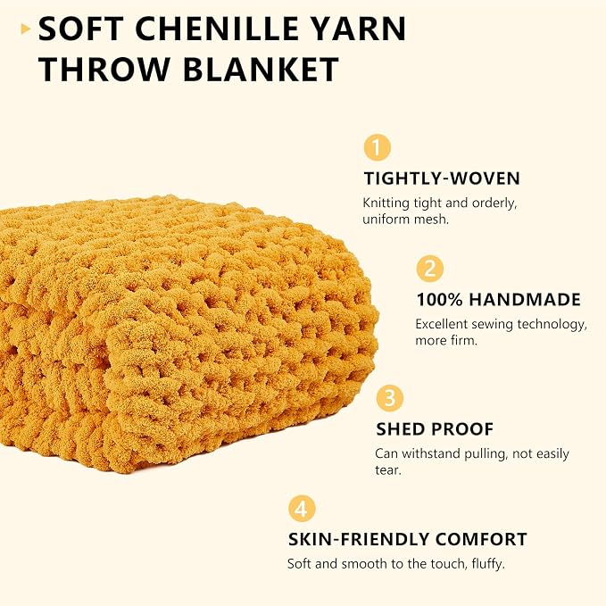 L'AGRATY Chunky Knit Throw Blanket for Couch, 50 x 60 Inches Mustard Yellow | Handmade Chenille Crochet Blanket for Sofa Bed, Thick Cable Knitted Blankets for Room Home Decor, Birthday Gift for Women Mom