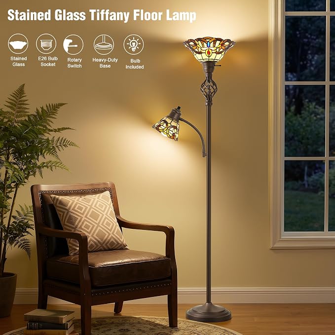 GyroVu Torchiere Floor Lamp for Living Room, Tiffany-Style Reading Light | Stained Glass Lampshade, 72" Tiffany-Style Tall Lamps for Bedroom Corner Home Office, Bulbs Included