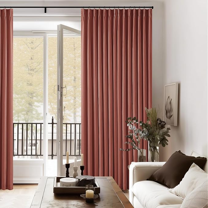 Terracotta Pinch Pleat 100% Blackout Linen Bedroom Curtains 96 Inch Length | Double Layer Curtains, Pleat with Ring Hooks Back Tab, Black Out Room Darkening Drapes, for Living Room, 40x96 2 Panels Set