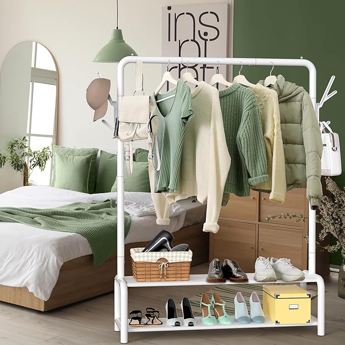 Simple Houseware 52" W Freestanding Closet Garment Rack with Shelves, White | With 600D Fabric Shelves, Hanger Stoppers, and Hooks for Coat & Hat