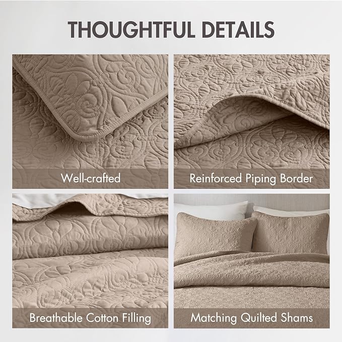 Madison Park Luxurious Cotton Damask Quilt Set, 3PC King/Cal King Bed Set | All Season, Lightweight Stitching Coverlet Bedspread Bedding Stitching with Shams, Dusty Pale Khaki