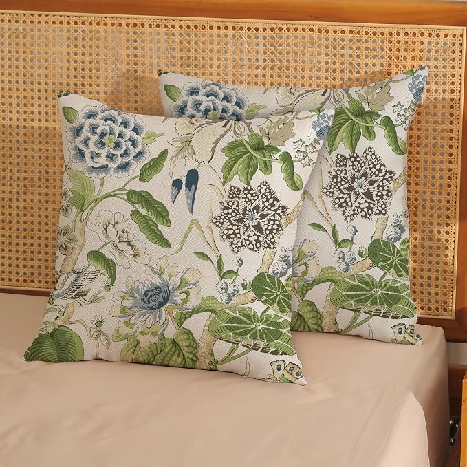 Sage Green Boho Pillow Covers 18x18 Inch 2 Pcs Blue Green Vintage Floral Bird Decor Throw Pillows Chinoiserie Flower Seasonal Outdoor Farmhouse Pillowcase Linen Cushion Cover for Couch Sofa