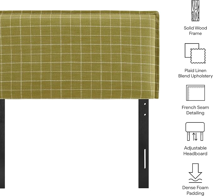 Modway Camille Twin Size Checkered Linen Blend Plaid Headboard with Removable Slipcover – in Artichoke Windowpane Check - Padded Pillow Style Headboard with Adjustable Mounting for Twin Beds