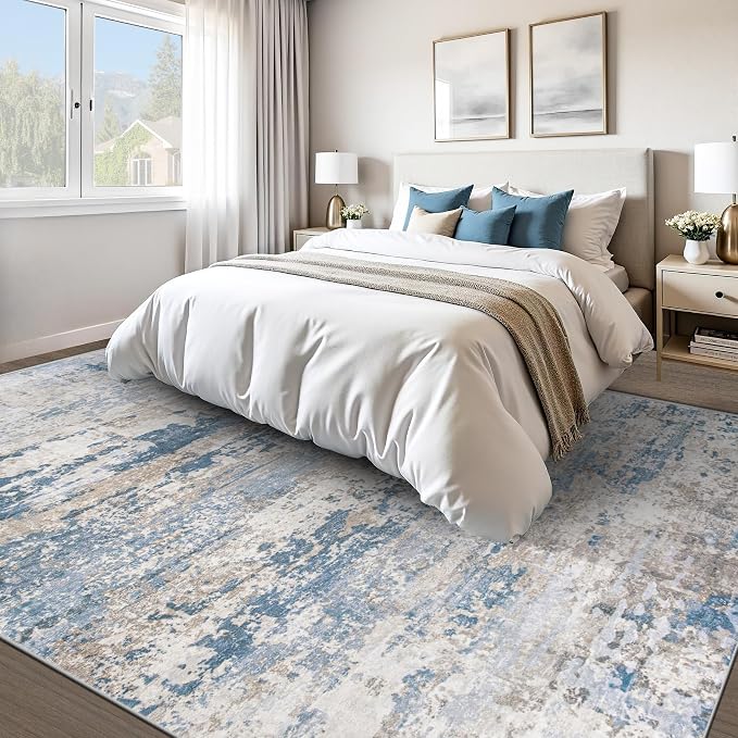 pmtsns Area Rugs 9x12 for Living Room: Washable Rug Modern Abstract Neutral Soft Non-Slip Low-Pile Indoor Large Carpet for Bedroom Dining Room Playroom Home Office (Light Blue Brown, 9'x12')