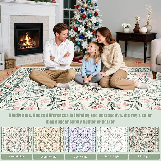 PLHXFR Area Rug 9x12 Living Room: Floral Washable Boho Carpet Green Beige | For Bedroom Dining Room Farmhouse Nursery Hallway,Vintage Floral,Machine washable,Non Slip,Stain Resistant,Large Indoor