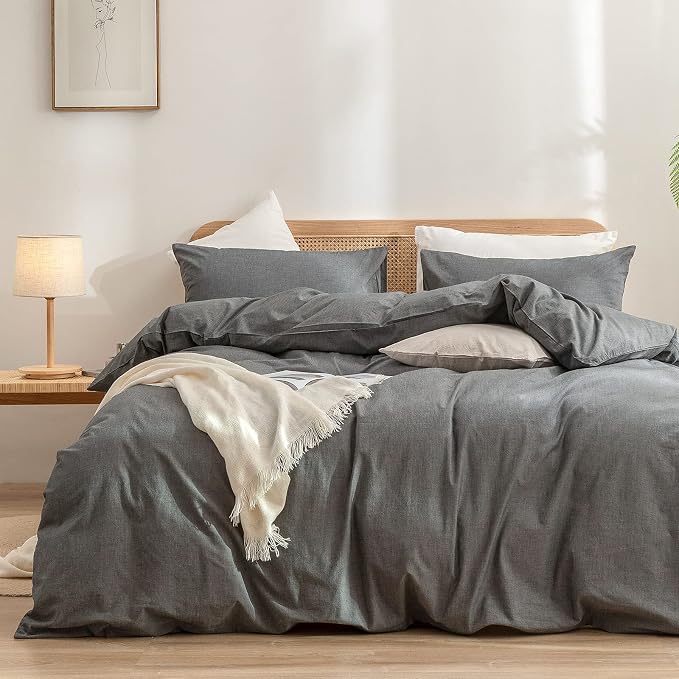 BESTOUCH Cotton Solid Duvet Cover Set Linen Feel Dark Grey California King | 100% Washed Cotton, Soft Wrinkle Texture, Hidden Zipper, 8 Ties, Breathable Lightweight Durable Comfy, 3 Pcs No Insert