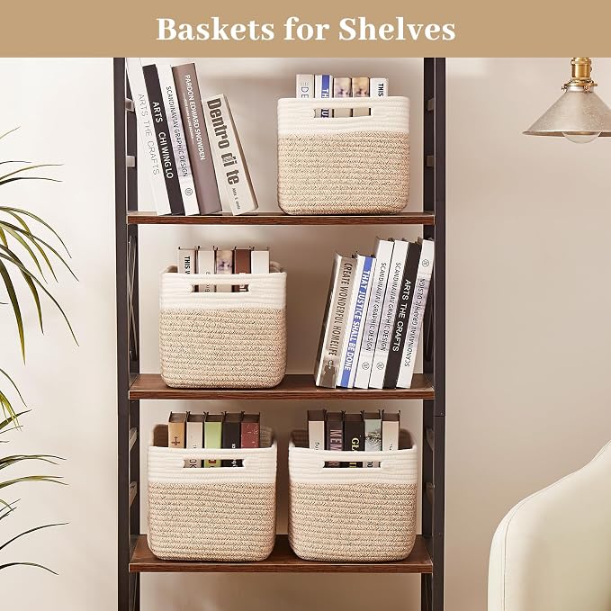 OIAHOMY 4 Pack Storage Basket, 13"x9"x7.8" Cotton Rope Baskets for Shelves, Closet Organizer for Bedroom & Living Room, Soft Decorative Bins for Organizing Towels, Books & Toys, Brown & White