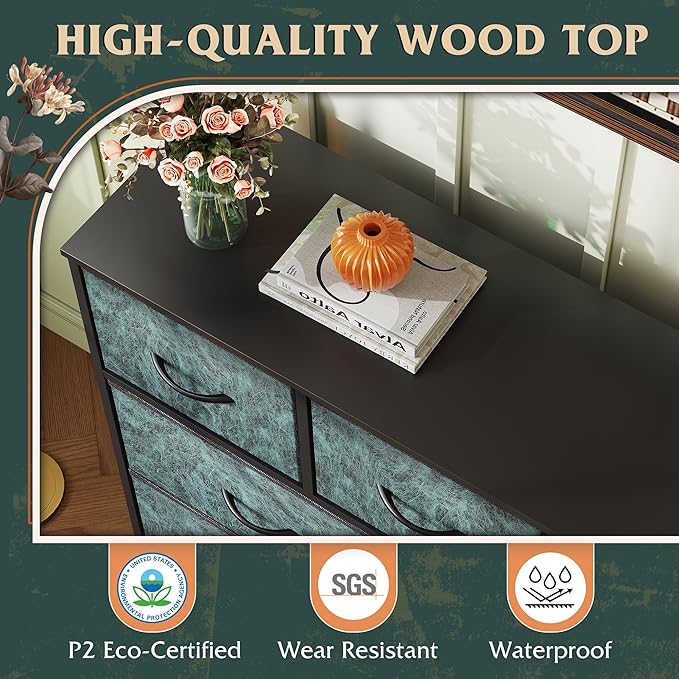 WLIVE Tall Dresser for Bedroom, 9 Drawer Chest of Drawers, Vintage Green | 9 roomy fabric drawers, Tall storage design, Bedroom or closet use, Sturdy steel frame, Smooth wood tabletop