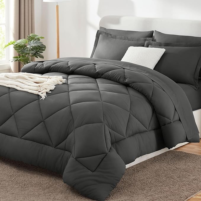 King Size Comforter Set Dark Grey - 7 Pieces Complete Bedding Set | OEKO-TEX Certified, All Season, 240GSM Down-Alternative Comforter, Sheets, Pillowcases & Shams, 14" Deep Pocket, Easy Care