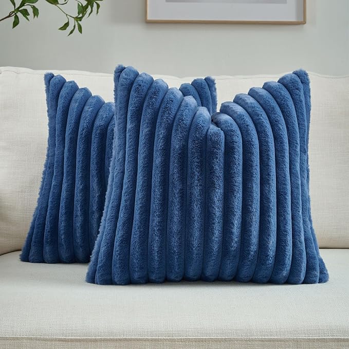 FUTEI Pack of 2 Faux Fur Throw Pillow Covers 24x24 Inch, Navy Blue | Fluffy Faux Rabbit Fur Front/Premium Velvet Back,Hidden Zipper,Machine Washable,Non-Shedding,Colorfast,Insert Not Included.