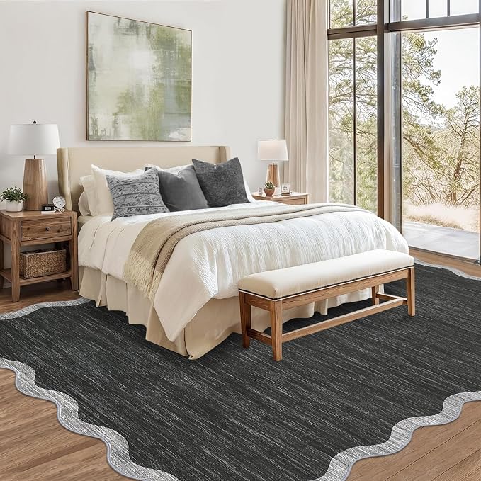 GarveeHome Scalloped Washable Area Rug 8x10 Rug for Living Room Non Slip | Modern Throw Rugs Large Rugs for Bedroom Low Pile Non Shedding Stain Resistant Carpet for Dining Room 8 ft x10 ft Black