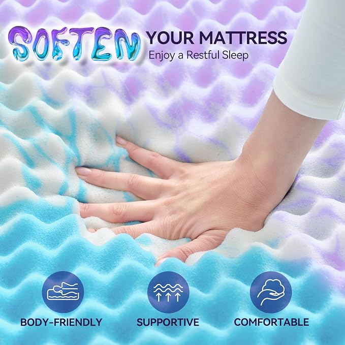 SINWEEK 2 Inch Egg Crate Memory Foam Mattress Topper Twin Size, Soft Mattress Pad for Back Pain Relief, Bed Topper, CertiPUR-US Certified, Colorful