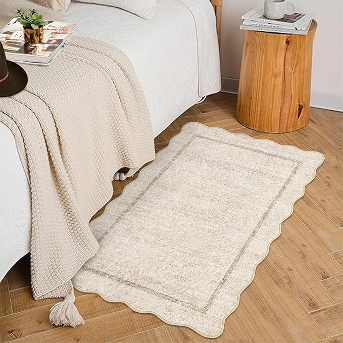 GarveeHome Scalloped Washable Rug 2x3 Kitchen Rugs for Entryway, Beige | Soft Door Mat Indoor Entrance Ultra-Thin, Small Non-Slip Throw Carpet for Bathroom Bedroom Entry Laundry, Beige
