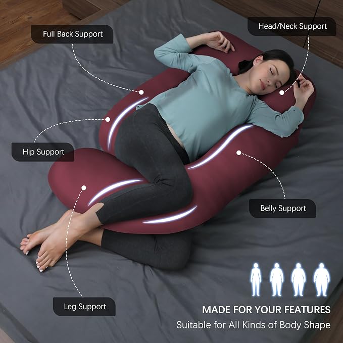 MOON PARK Pregnancy Pillows for Sleeping - U Shaped Full Body Maternity Pillow with Removable Cover - Support for Back, Legs, Belly, Hips - 57 Inch - Burgundy - Cooling Cover