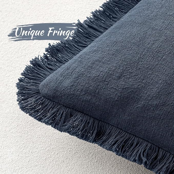 MIULEE Linen Fringe Decorative Euro Throw Pillow Covers Indigo Blue 26x26 | Set of 2, Cottagecore Decor, Boho Farmhouse Coastal Pillow Covers, Rustic Couch Cushion Cases for Sofa Bed Living Room