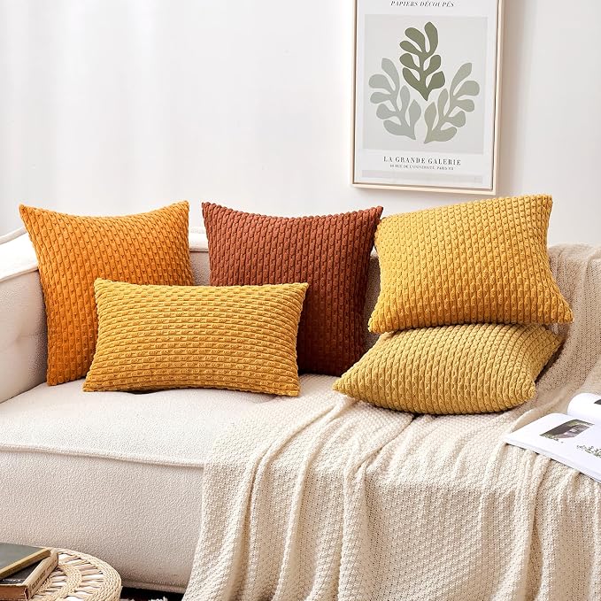 MIULEE Lumbar Fall Decorative Throw Pillow Covers 12x20 Burnt Corduroy | Terracotta Textured Striped Pack of 2 Striped Pillow Covers Modern Farmhouse Autumn Home Decor for Couch Bed Sofa Living Room