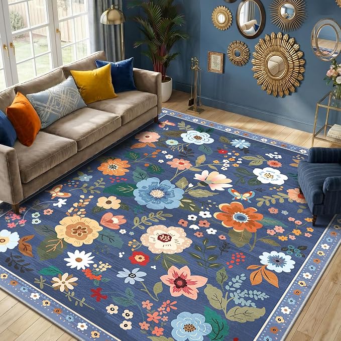 RELEANY Floral Washable 8x10 Area Rugs Blue/Grey | Flower Carpet, Print, Boho, Non-Slip, Easy to Clean, Soft, Low Pile for Living Room Bedroom Kitchen Office Entryway Hallway