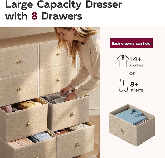 WLIVE Beige Boucle 8-Drawer Fabric Dresser Storage Tower Bedroom | Boucle fabric 8-drawer storage tower with open shelves and wood top, stylish for bedroom closet living room decor