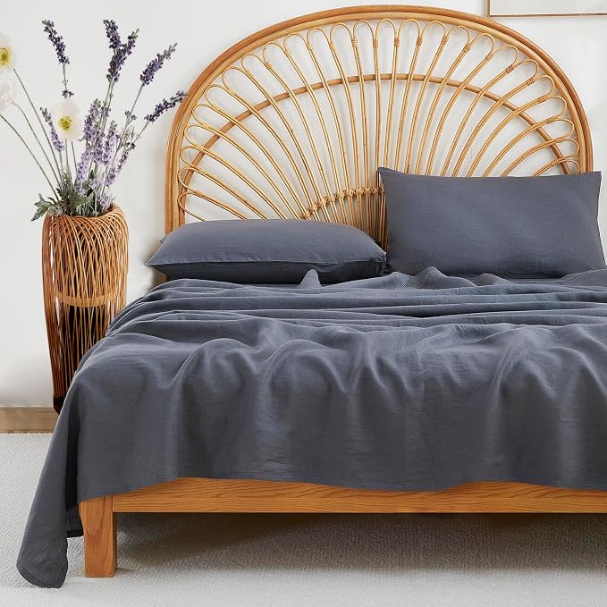 100% Linen Sheets Set King Size, Natural Pure Flax 4 Piece Bed Sets, 16" Deep Pocket, Breathable Cooling Bed Soft Durable Bedding, Machine Washable (Gray,King)