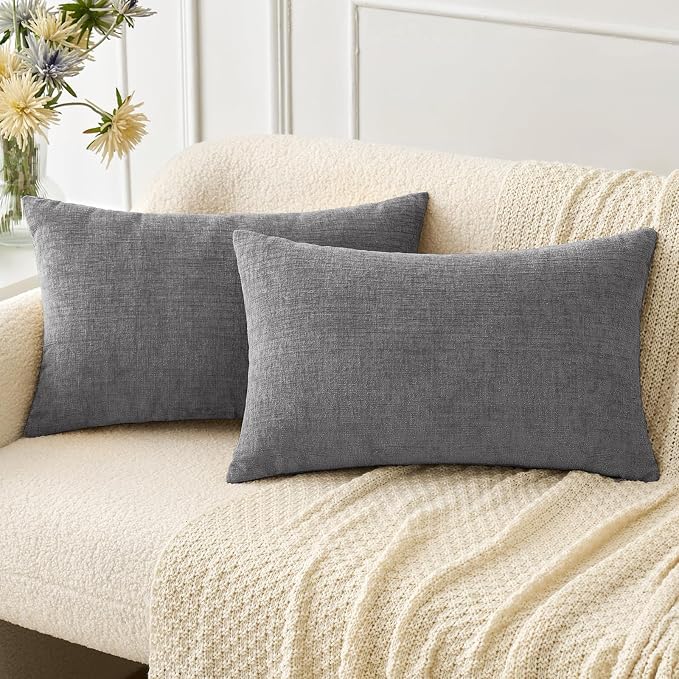 MIULEE Soft Chenille Lumbar Throw Pillow Covers Dark Gray 12x20 Pack of 2 | Modern Home Decor, Classic Decorative Pillows, Solid Dyed Cases, Boho Couch Cushion Covers for Sofa Bed Living Room