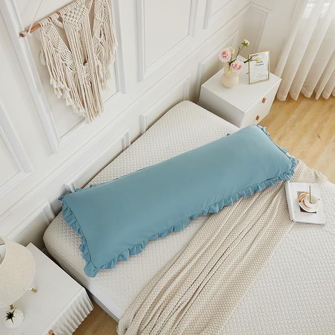 Dusty Blue Body Pillow Cover 20x54inches Long Pillowcase Ruffled Fringe Decor Sham Cute Pillowcase (1 Body)