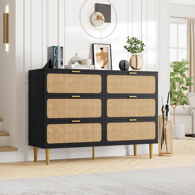 GarveeHome Rattan 6 Drawer Dressers for Bedroom, Deep Drawer, Black | Tall Dresser, Wide Top, for Living Room, Hallway, Kids Room, Large Chest of Drawers for Closet, Long Wooden Dresser