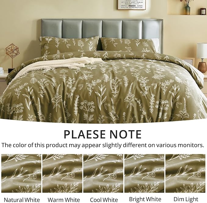 MUXHOMO Duvet Cover Twin/Twin XL Size Set, Reversible Floral Olive Green Duvet Cover with Zipper Closure, 2 Pieces Botanical Patterns Soft Microfiber Bedding Set with 4 Ties (68"x90", 1 Pillow Case)