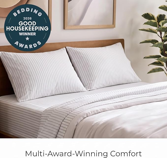 Mellanni Iconic 4-Piece, Ultra Soft Sheet Set (Queen, Pinstripe Gray) | 10M+ Sleepers. Lab-tested: Sleeps Cool, Stays Bright, Strong, Smooth. Good Housekeeping Best Bedding, 7 yrs running.