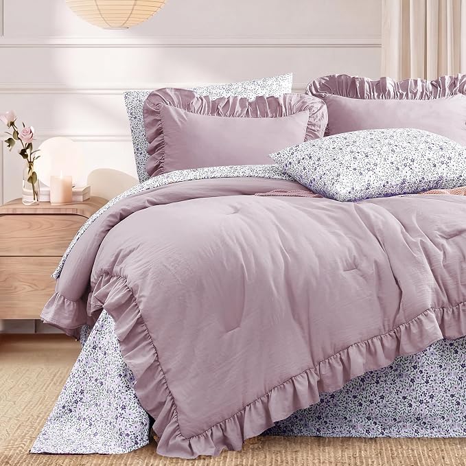Full Size Comforter Sets-7 Pieces Ruffle Bedding Floral Sheet | Purple Bed in a Bag, Soft Lightweight All Season Farmhouse Full Size Bedding Sets with Floral Sheets, Pillowcases & Shams