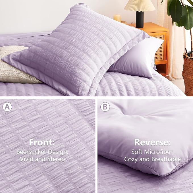King Comforter Set, 7 Pieces Light Purple Seersucker Bed in a Bag | OEKO-TEX Certified, All Season Bedding Set with 240 GSM Down Alternative Comforter, Flat & Fitted Sheets, Pillowcases & Shams