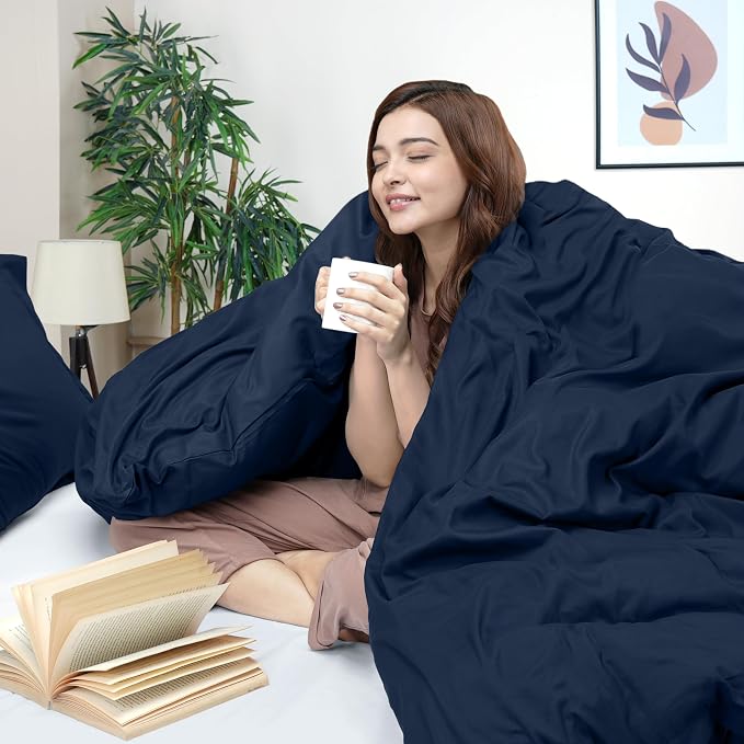 Duvet Cover Queen, 3 Piece Cotton Like Polyester With Zipper Closure, Navy | Extra Soft and Breathable, Wrinkle & Fade Resistant, Includes Duvet Cover and 2 Pillow Shams, Comforter Not Included, OekoTex