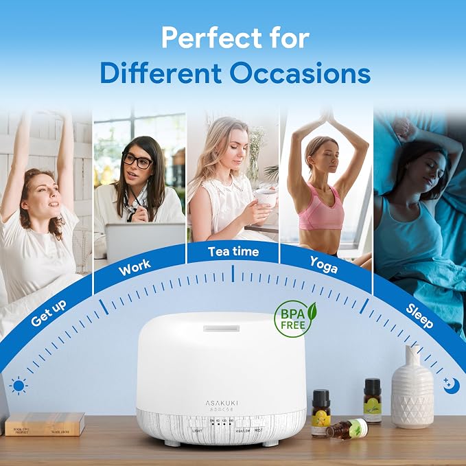 ASAKUKI Essential Oil Diffuser for Home, 500ML Aromatherapy Humidifier | with Remote Control, 7 Color LED Lights, Quiet Cool Mist Diffuser for Bedroom, Living Room, Office (White)